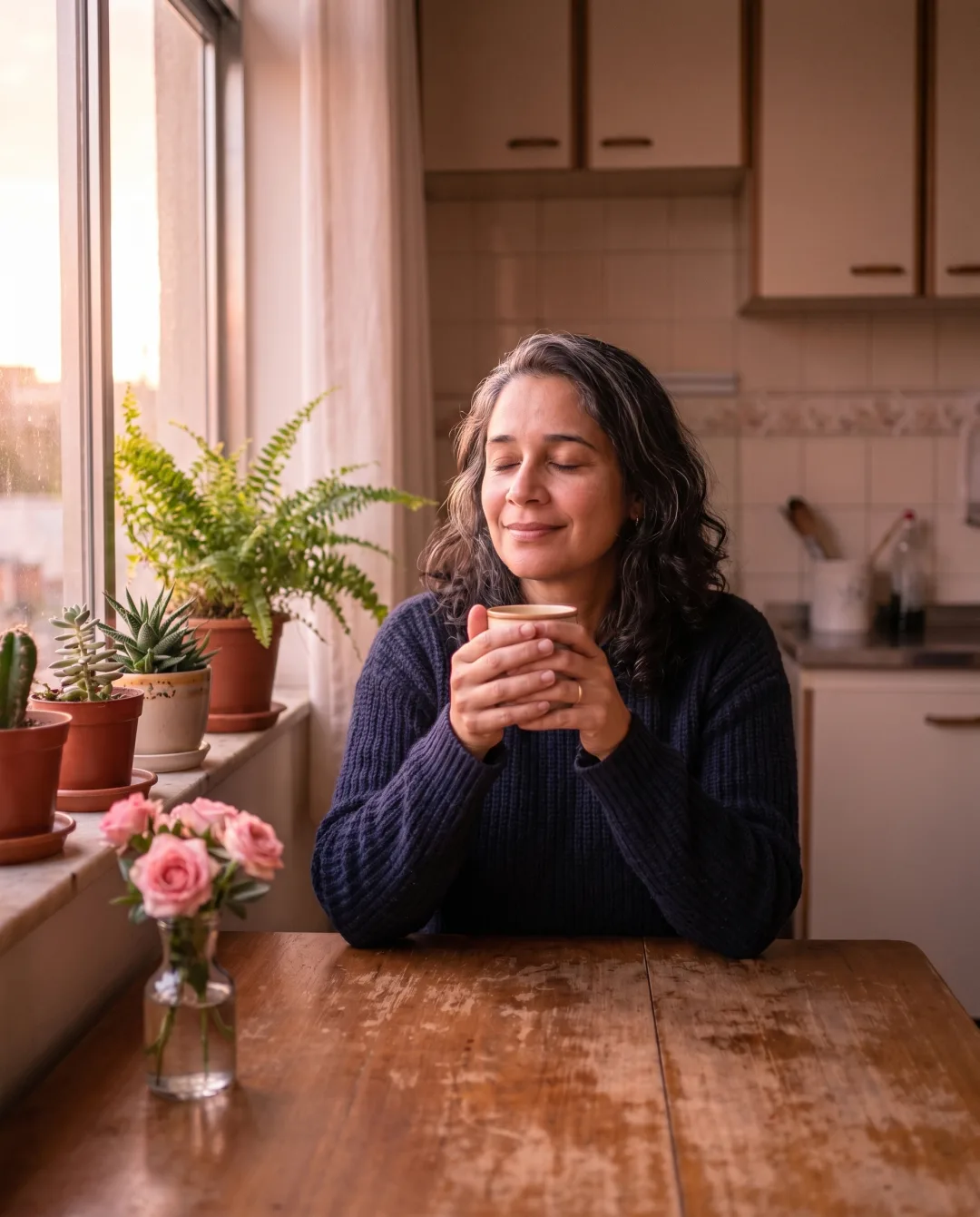A mesma mulher de manhã cedo, sentada com uma xícara de café e expressão tranquila, com luz quente de amanhecer entrando pela janela