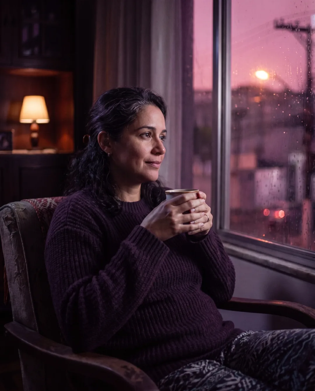 Mulher de uns 45 anos sentada sozinha à noite, com uma xícara nas mãos, olhando pela janela em tom contemplativo